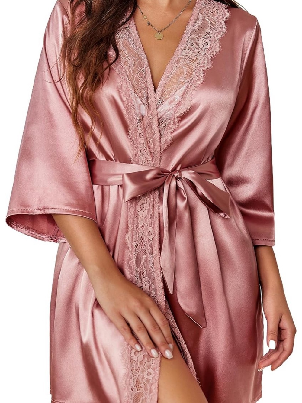 Lace-Trim Satin Robe in Rose Mauve by
